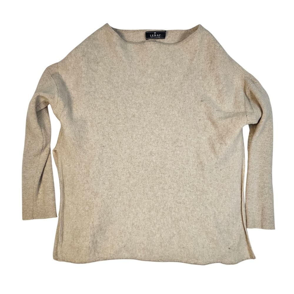 LEBAC 100% Cashmere Sweater Boat Neck Oversized Oatmeal Tan Ribbed Knit Regular
